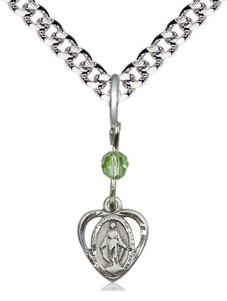 Pewter Miraculous Medal with Peridot bead Religious and Catholic Jewelry