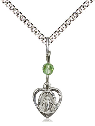 Pewter Miraculous Medal with Peridot bead Religious and Catholic Jewelry