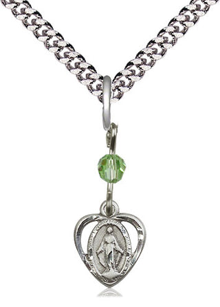 Pewter Miraculous Medal with Peridot bead Religious and Catholic Jewelry