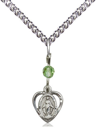 Sterling Silver Miraculous Medal with Peridot bead Religious and Catholic Jewelry