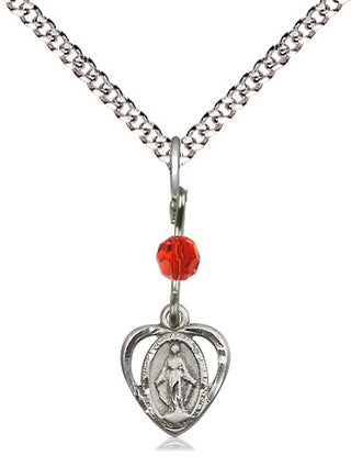 Sterling Silver Miraculous Medal with Ruby bead Religious and Catholic Jewelry