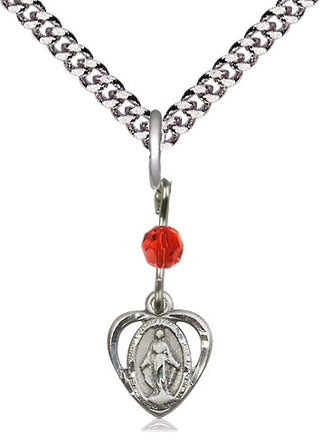 Sterling Silver Miraculous Medal with Ruby bead Religious and Catholic Jewelry