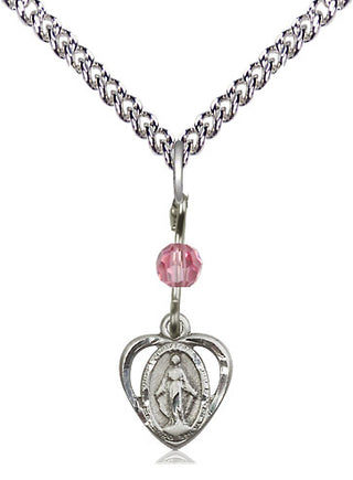 Sterling Silver Miraculous Medal with Rose bead Religious and Catholic Jewelry