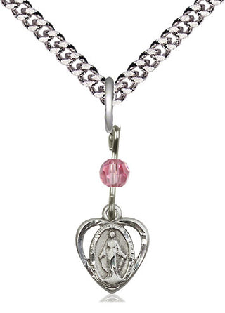 Sterling Silver Miraculous Medal with Rose bead Religious and Catholic Jewelry