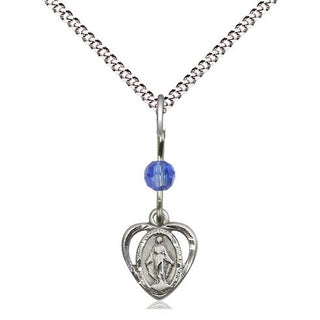 Pewter Miraculous Medal with Sapphire bead Religious and Catholic Jewelry