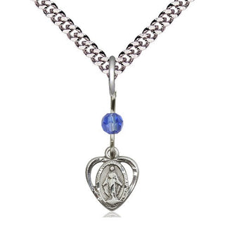 Pewter Miraculous Medal with Sapphire bead Religious and Catholic Jewelry