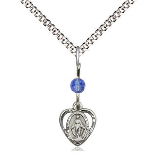 Pewter Miraculous Medal with Sapphire bead Religious and Catholic Jewelry