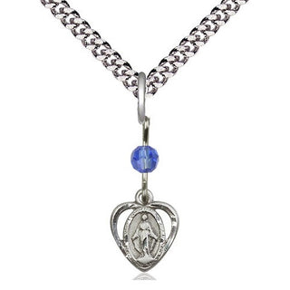 Pewter Miraculous Medal with Sapphire bead Religious and Catholic Jewelry
