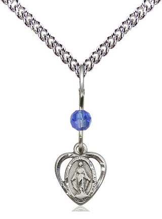 Sterling Silver Miraculous Medal with Sapphire bead Religious and Catholic Jewelry