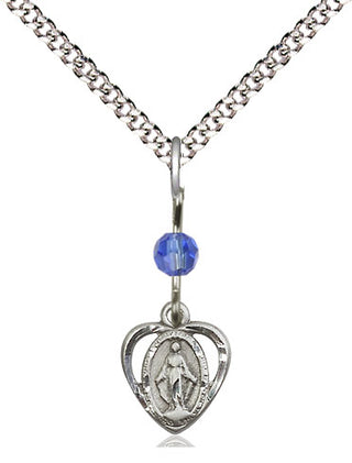 Sterling Silver Miraculous Medal with Sapphire bead Religious and Catholic Jewelry