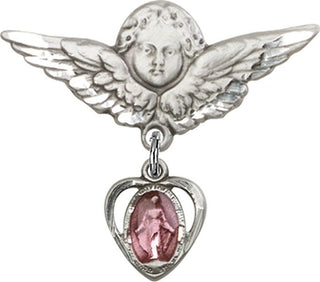 Sterling Silver Large Angel w/Wings Heart / Miraculous Baby Badge
