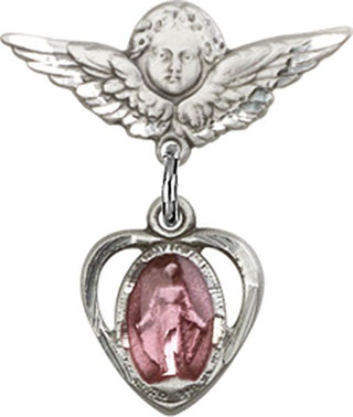 Sterling Silver Small Angel w/Wings Heart / Miraculous Baby Badge