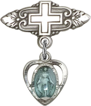 Sterling Silver Badge Pin With Cross Heart / Miraculous Baby Badge