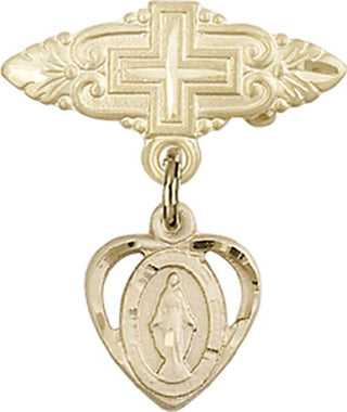 14kt Gold Filled Badge Pin With Cross Heart / Miraculous Baby Badge