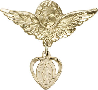 14kt Gold Filled Large Angel w/Wings Heart / Miraculous Baby Badge