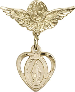14kt Gold Small Angel w/Wings Heart / Miraculous Baby Badge