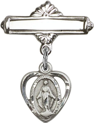 Sterling Silver Polished Badge Pin Heart / Miraculous Baby Badge