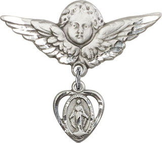 Sterling Silver Large Angel w/Wings Heart / Miraculous Baby Badge
