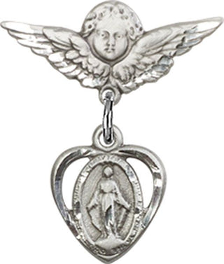 Sterling Silver Small Angel w/Wings Heart / Miraculous Baby Badge