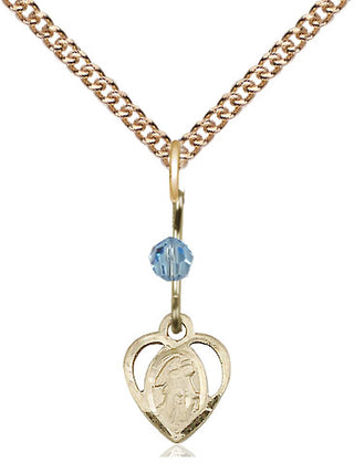 14kt Gold Guardian Angel Medal with an Aqua bead Engraved Catholic Saint Jewelry