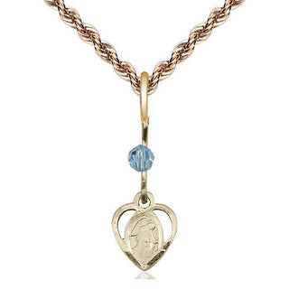 14kt Gold Guardian Angel Medal with an Aqua bead Engraved Catholic Saint Jewelry