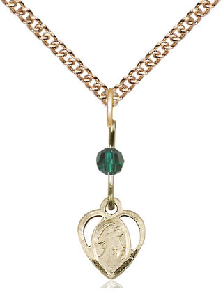14kt Gold Guardian Angel Medal with a Emerald bead Engraved Catholic Saint Jewelry