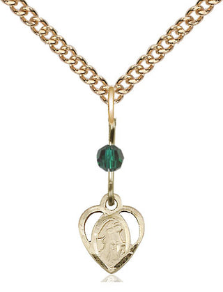 14kt Gold Guardian Angel Medal with a Emerald bead Engraved Catholic Saint Jewelry