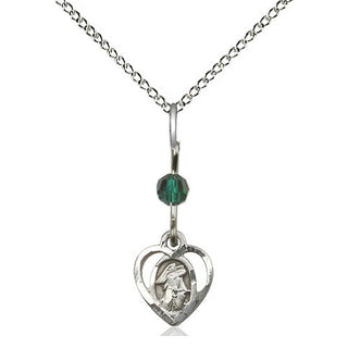 Sterling Silver Guardian Angel Medal | Emerald bead Religious and Catholic Jewelry Engraved Catholic Saint Jewelry
