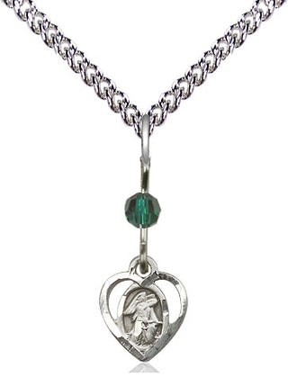 Sterling Silver Guardian Angel Medal | Emerald bead Religious and Catholic Jewelry Engraved Catholic Saint Jewelry