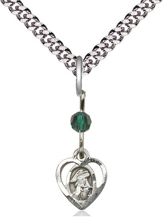 Sterling Silver Guardian Angel Medal | Emerald bead Religious and Catholic Jewelry Engraved Catholic Saint Jewelry