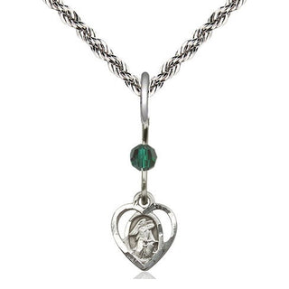 Sterling Silver Guardian Angel Medal | Emerald bead Religious and Catholic Jewelry Engraved Catholic Saint Jewelry