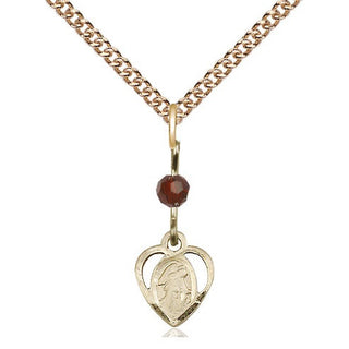 14kt Gold Filled Guardian Angel Medal | Garnet bead Religious and Catholic Jewelry Engraved Catholic Saint Jewelry