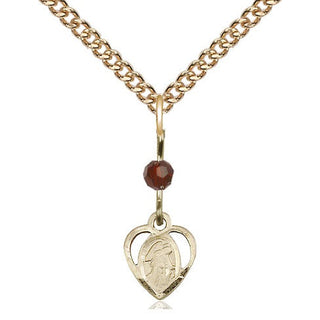14kt Gold Filled Guardian Angel Medal | Garnet bead Religious and Catholic Jewelry Engraved Catholic Saint Jewelry