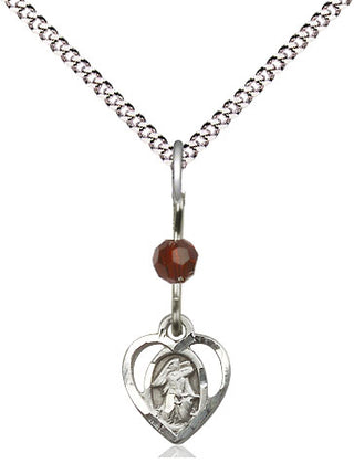 Sterling Silver Guardian Angel Medal | Garnet bead Religious and Catholic Jewelry Engraved Catholic Saint Jewelry