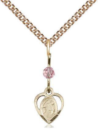 14kt Gold Guardian Angel Medal with a Light Rose bead Engraved Catholic Saint Jewelry