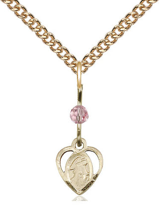 14kt Gold Guardian Angel Medal with a Light Rose bead Engraved Catholic Saint Jewelry