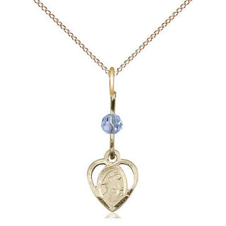 14kt Gold Filled Guardian Angel Medal | Light Sapphire bead Religious and Catholic Jewelry Engraved Catholic Saint Jewelry