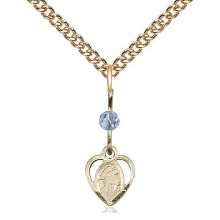 14kt Gold Guardian Angel Medal with a Light Sapphire bead Engraved Catholic Saint Jewelry