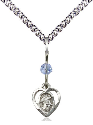 Sterling Silver Guardian Angel Medal | Light Sapphire bead Religious and Catholic Jewelry Engraved Catholic Saint Jewelry