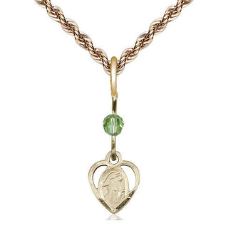 14kt Gold Guardian Angel Medal with a Peridot bead Engraved Catholic Saint Jewelry