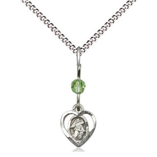 Sterling Silver Guardian Angel Medal | Peridot bead Religious and Catholic Jewelry Engraved Catholic Saint Jewelry