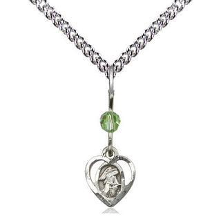 Sterling Silver Guardian Angel Medal | Peridot bead Religious and Catholic Jewelry Engraved Catholic Saint Jewelry