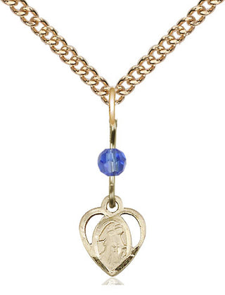 14kt Gold Guardian Angel Medal with a Sapphire bead Engraved Catholic Saint Jewelry