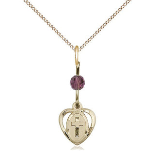 14kt Gold Heart Cross Medal with an Amethyst bead Engraved Catholic Saint Jewelry