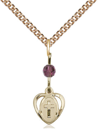 14kt Gold Heart Cross Medal with an Amethyst bead Engraved Catholic Saint Jewelry