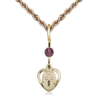 14kt Gold Heart Cross Medal with an Amethyst bead Engraved Catholic Saint Jewelry