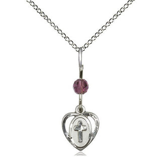 Sterling Silver Heart Cross Medal with an Amethyst bead Religious and Catholic Jewelry Engraved Catholic Saint Jewelry
