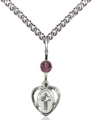 Sterling Silver Heart Cross Medal with an Amethyst bead Religious and Catholic Jewelry Engraved Catholic Saint Jewelry