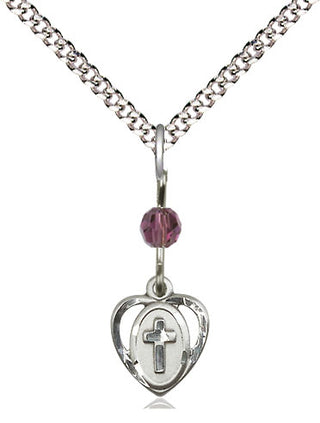Sterling Silver Heart Cross Medal with an Amethyst bead Religious and Catholic Jewelry Engraved Catholic Saint Jewelry