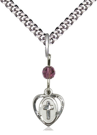 Sterling Silver Heart Cross Medal with an Amethyst bead Religious and Catholic Jewelry Engraved Catholic Saint Jewelry